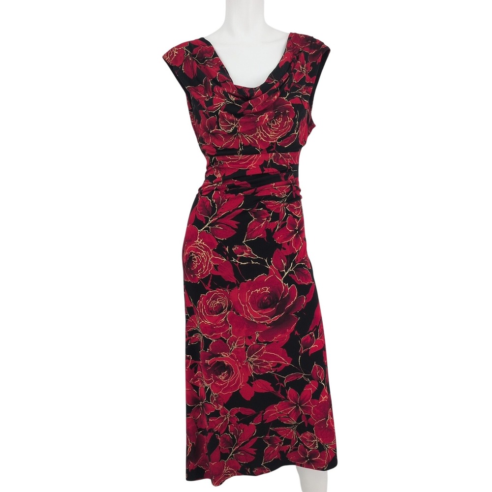 Rose Floral Cowl Neck Midi Dress Ruched Gold Metallic Y2K Cocktail Romantic 12